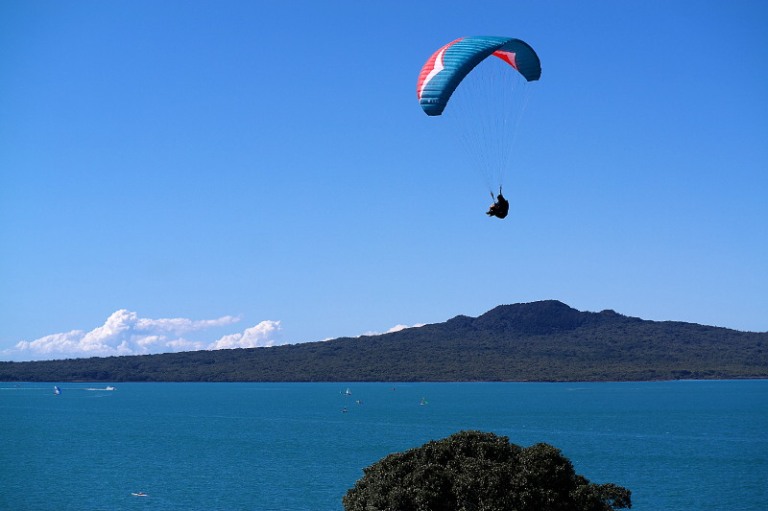 Paraglider und im Hintergrund Rangitoto Island